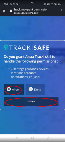 Second permissions page for Tracki skill in Alexa app, prompting user to allow and submit