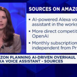Amazon Alexa device with screen displaying the Alexa logo, illustrating Amazon's AI overhaul plans for its voice assistant and potential monthly subscription cost.