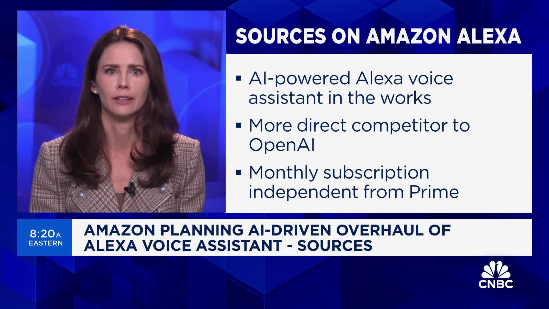 Amazon Alexa device with screen displaying the Alexa logo, illustrating Amazon's AI overhaul plans for its voice assistant and potential monthly subscription cost.