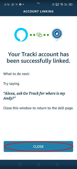 Confirmation page for successful Tracki account linking to Alexa skill