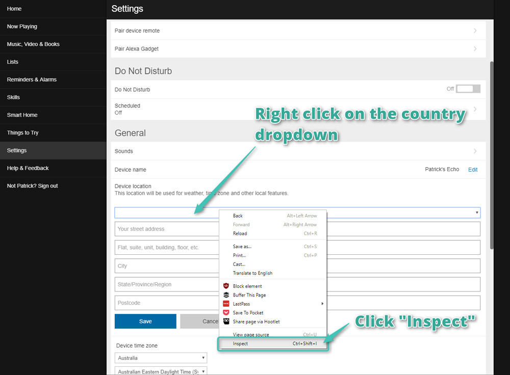 Using Chrome Developer Tools to access hidden time zone options: Right-clicking the country dropdown and selecting 'Inspect' for advanced Alexa time zone change