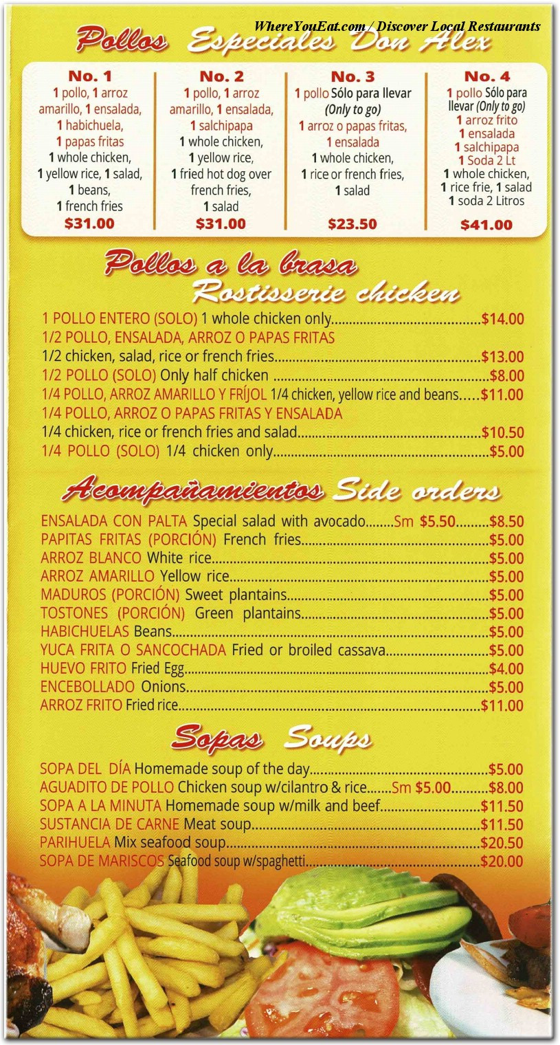 Don Alex Menu Page featuring Peruvian Dishes and Prices