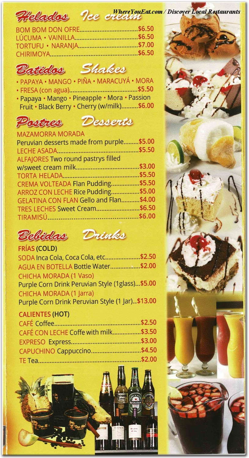 Peruvian Cuisine Menu Items at Don Alex Restaurant