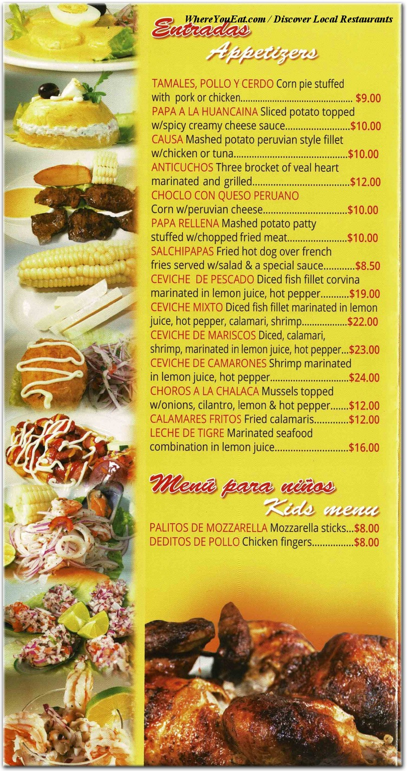 Don Alex Restaurant Menu showcasing Peruvian Food Variety