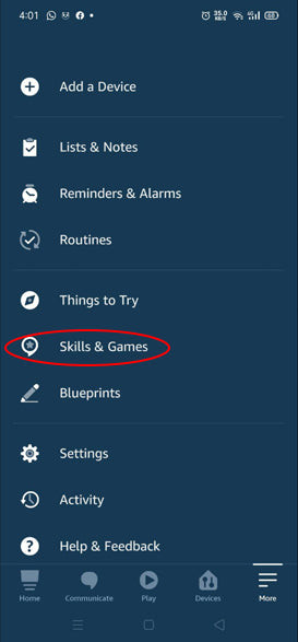 Skills &amp; Games option in Alexa app menu