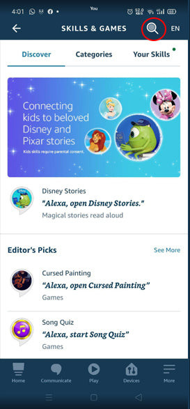 Search icon in Skills &amp; Games section of Alexa app