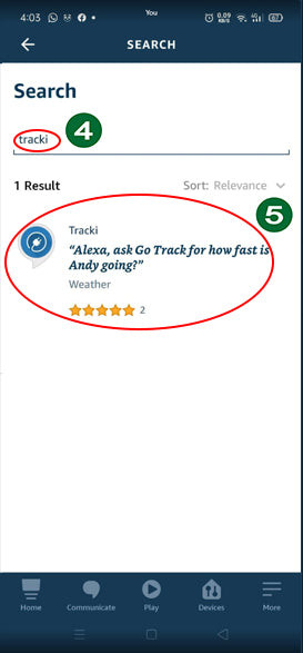 Tracki skill in Alexa app search results