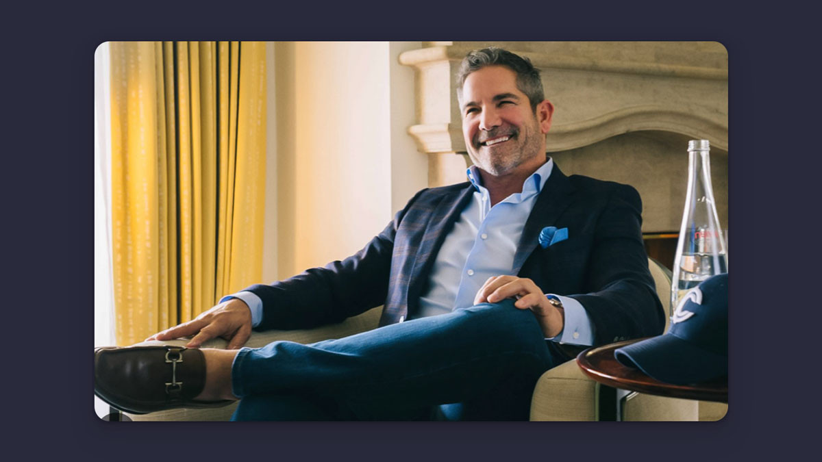 Alex Hormozi contrasting his casual style with Grant Cardone's luxurious image, highlighting his unique positioning.