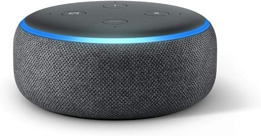 Amazon Echo Dot device sitting on a table, showcasing its compact design and fabric cover.