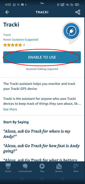 Enable to Use button on Tracki skill page in Alexa app