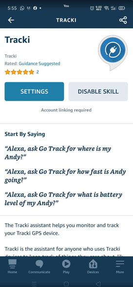 Settings screen in Alexa app during Tracki skill setup, instructing user to wait for popup