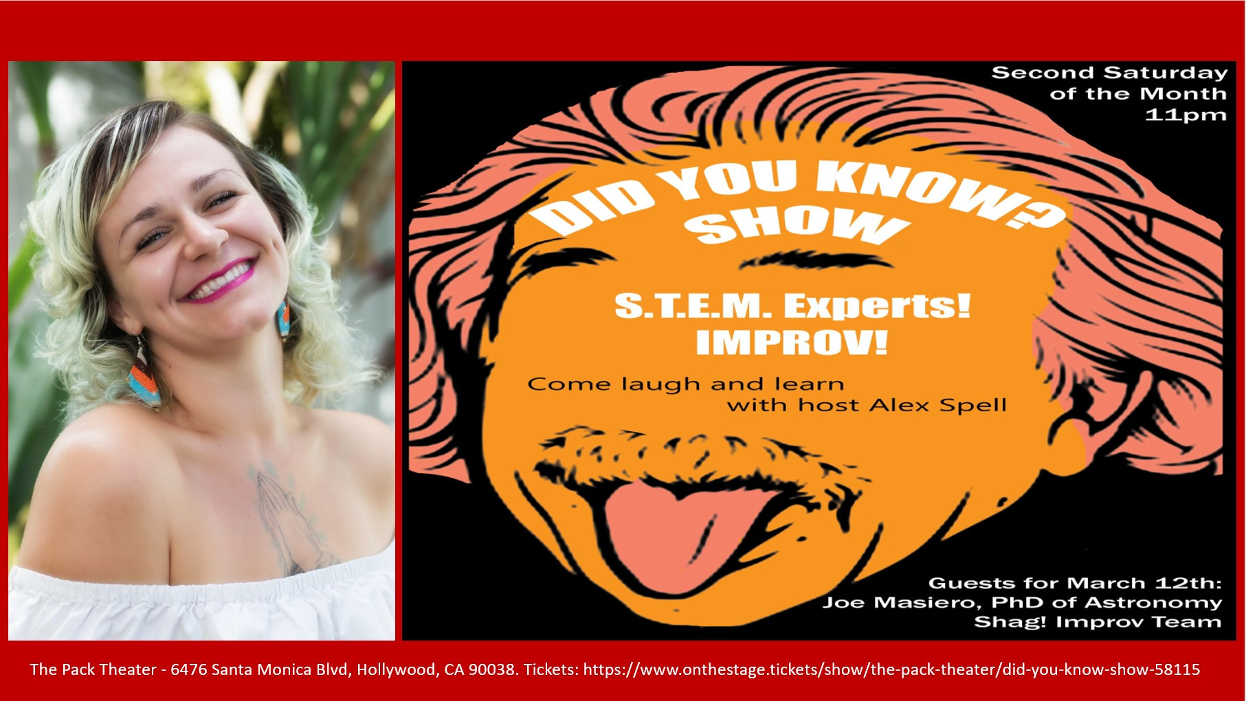 Alex Spell performing in her improv show, 'Did You Know?' at The Pack Theater in Hollywood, showcasing her unique blend of comedy and science.