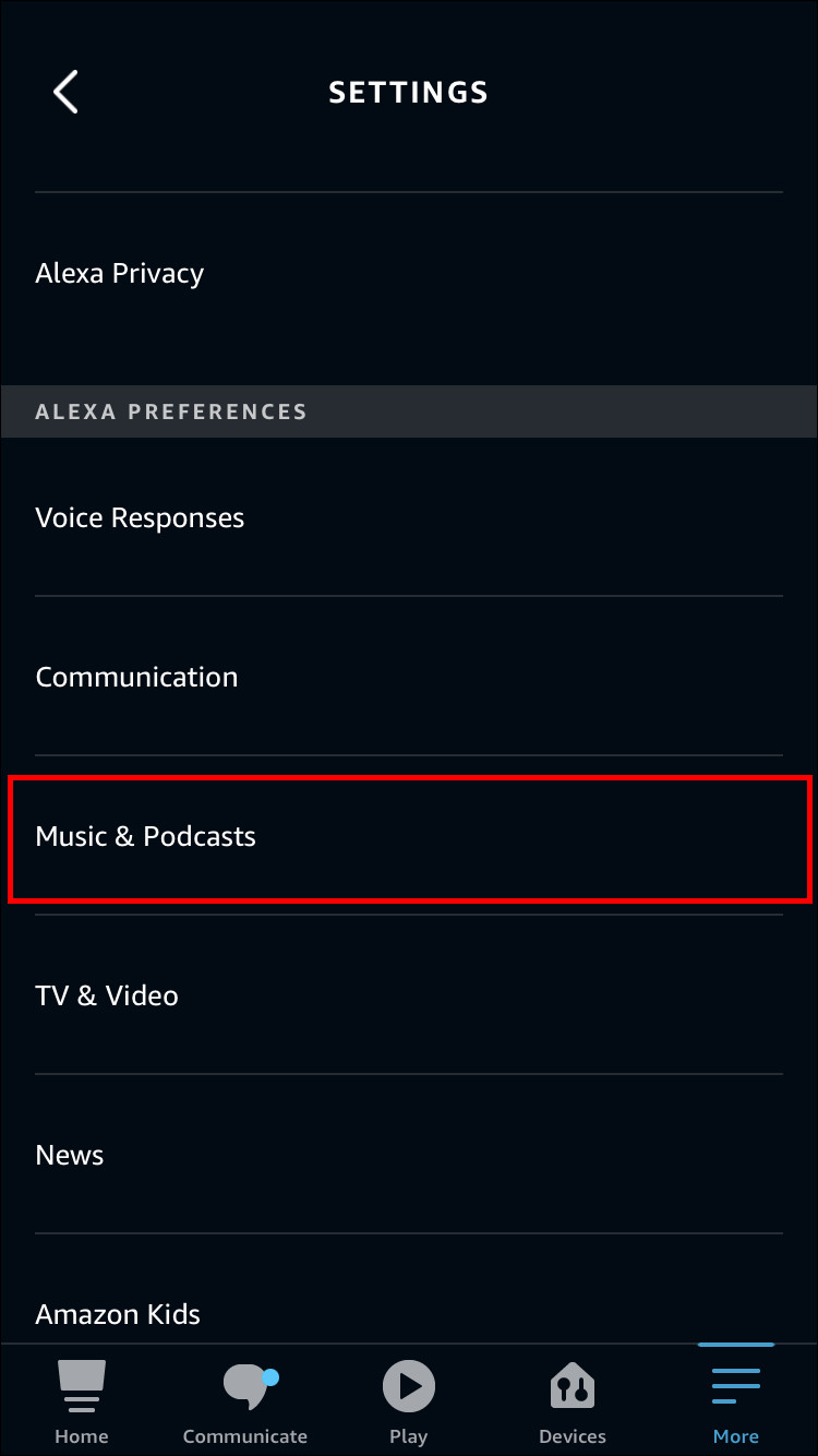 Music &amp; Podcasts option within Alexa app settings