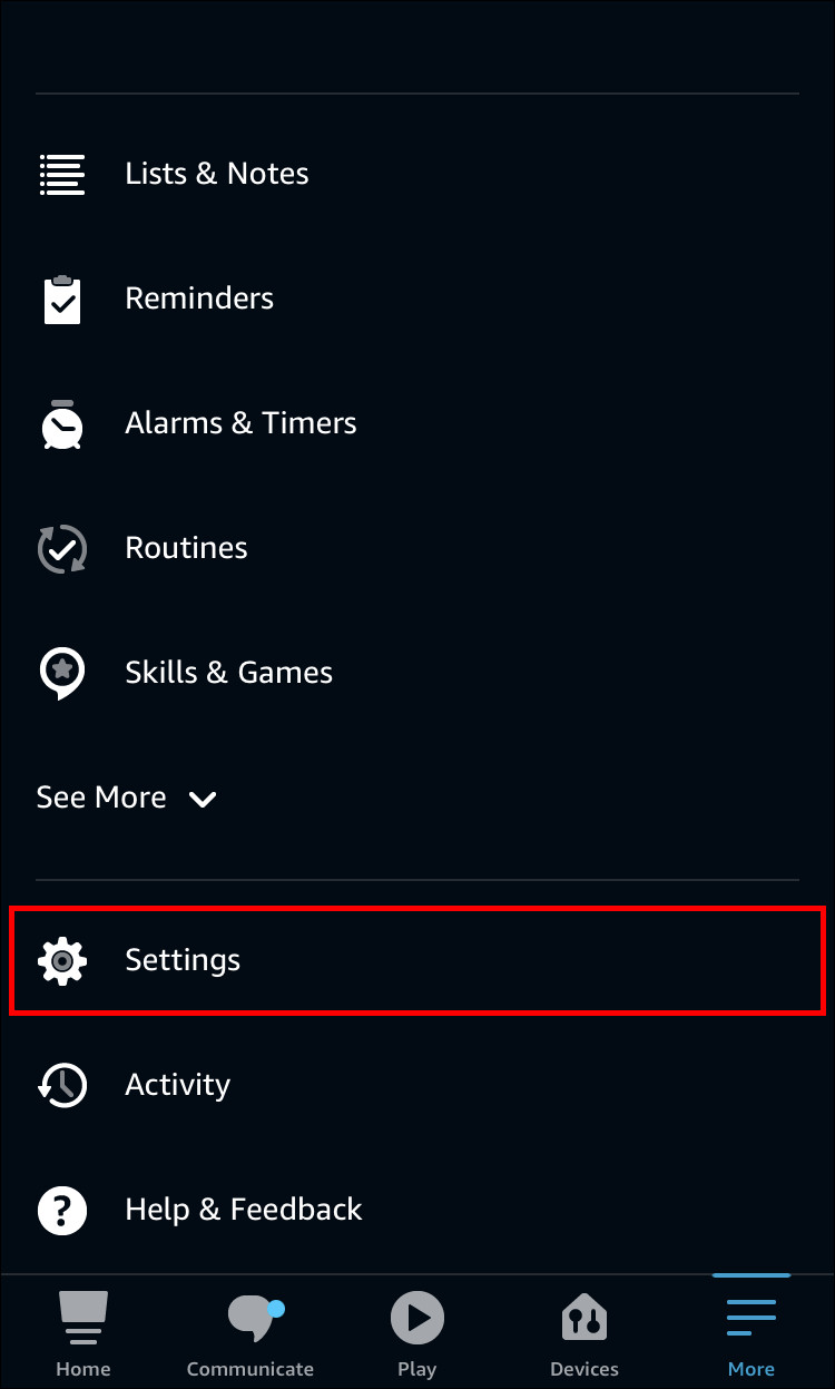 Settings option in the Alexa app menu