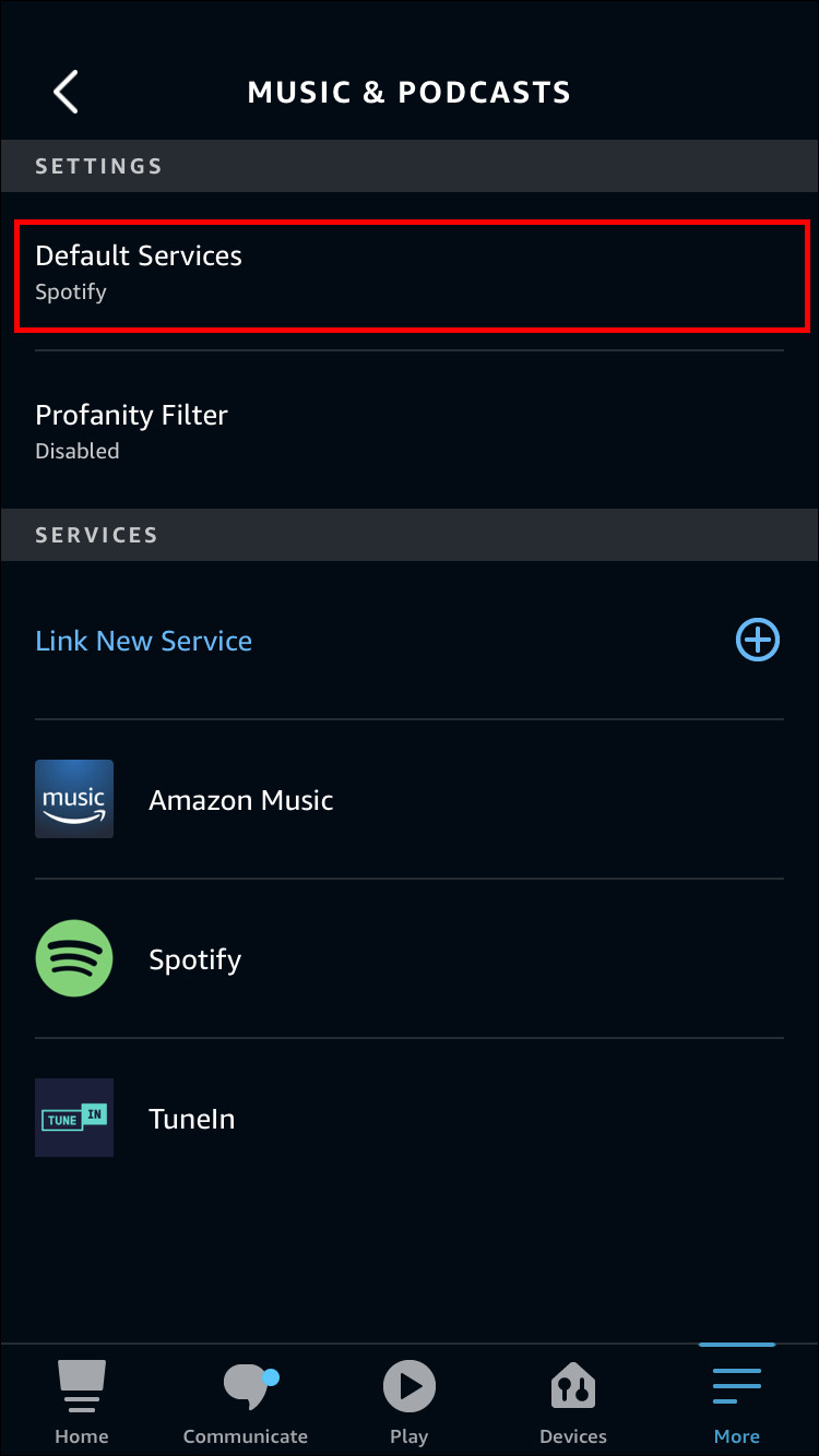 Choose default music services option