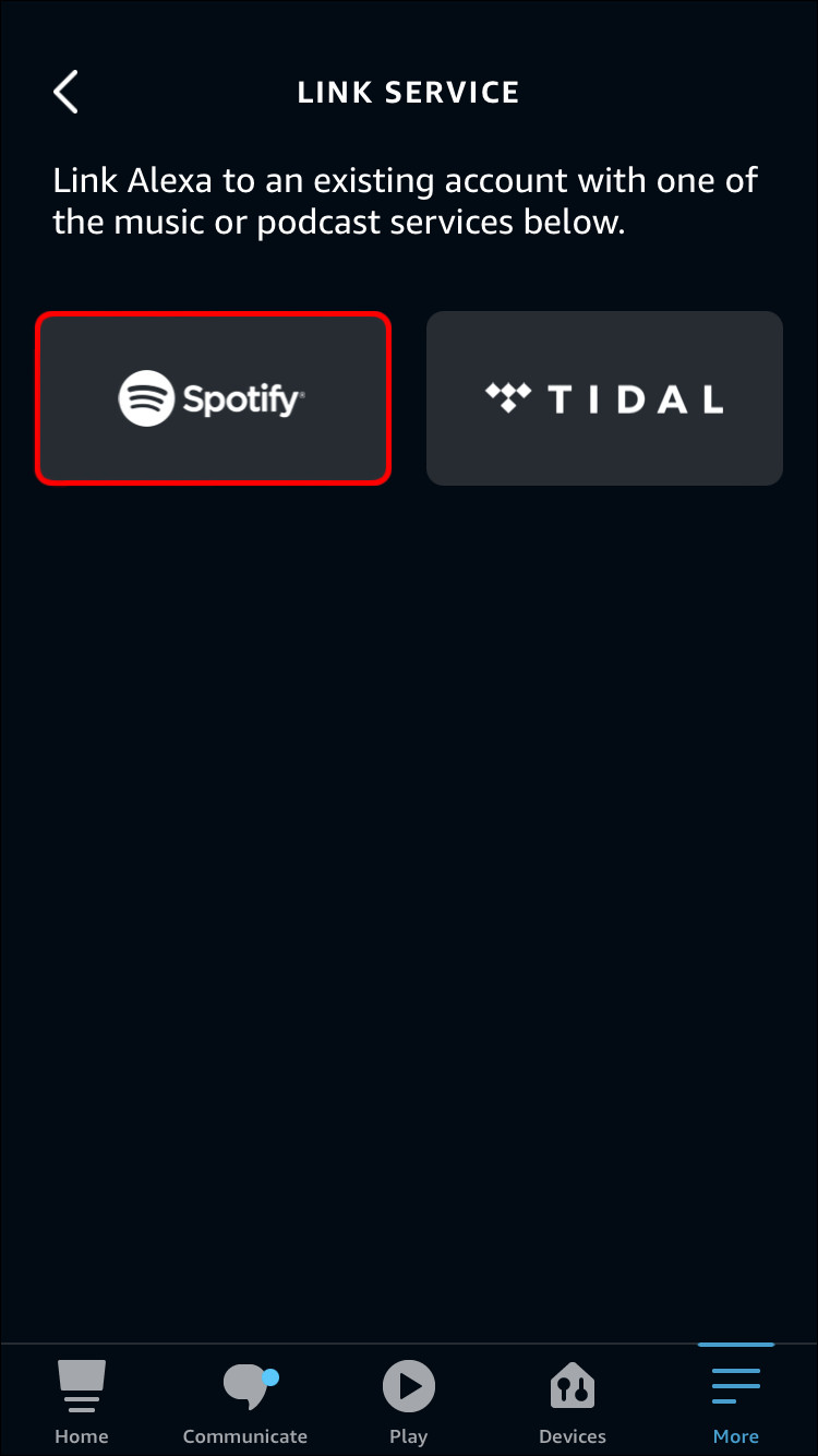 Spotify option in the music services list