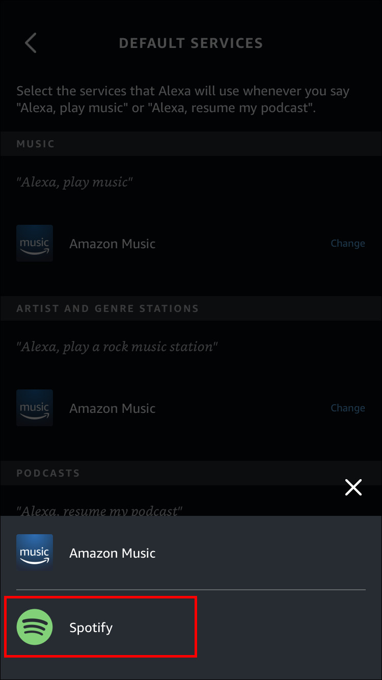 Selecting Spotify as default music service