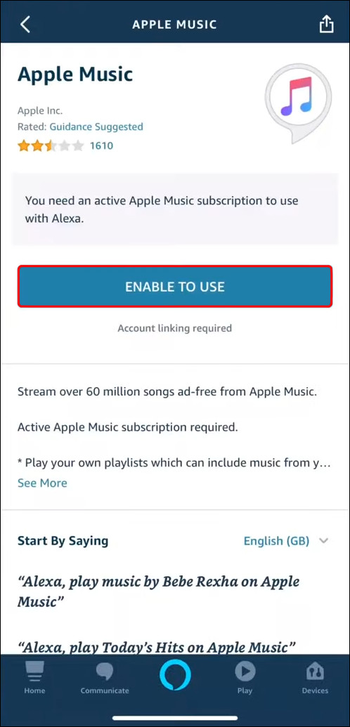 Link account to Alexa button for Apple Music