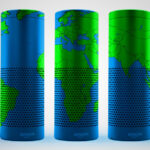 Amazon Echo devices with world globes illustrating global connectivity, representing how to change Alexa time zone settings for international users