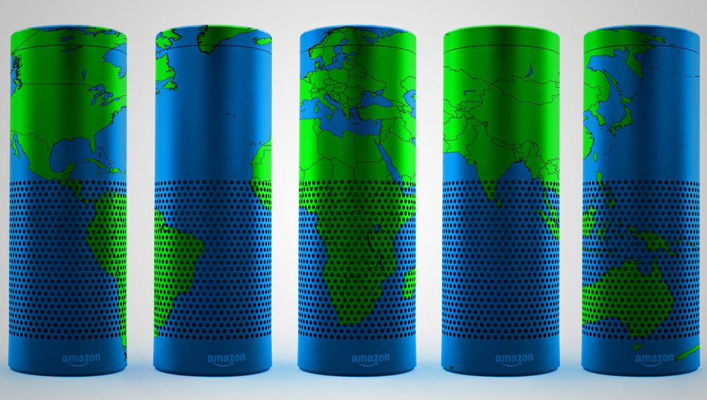 Amazon Echo devices with world globes illustrating global connectivity, representing how to change Alexa time zone settings for international users