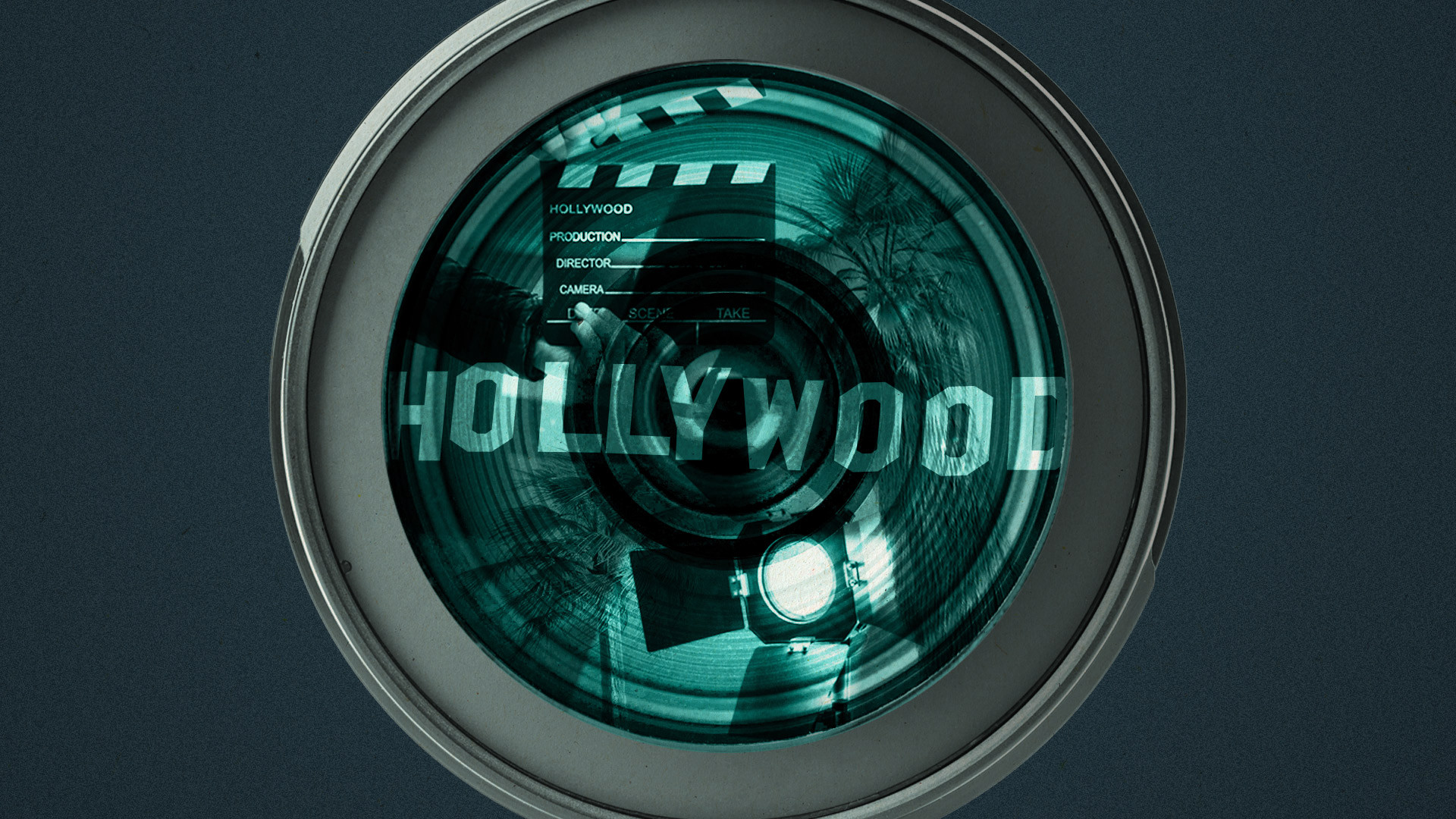 Los Angeles city lights reflected in a camera lens, representing the backdrop of entertainment industry productions.