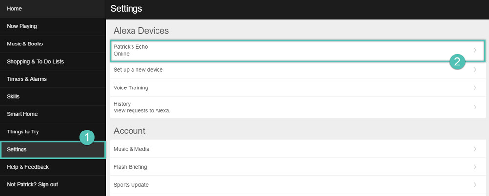 Navigating to Alexa device settings: Step 1 in how to change Alexa time zone, showing the 'Settings' menu and device selection