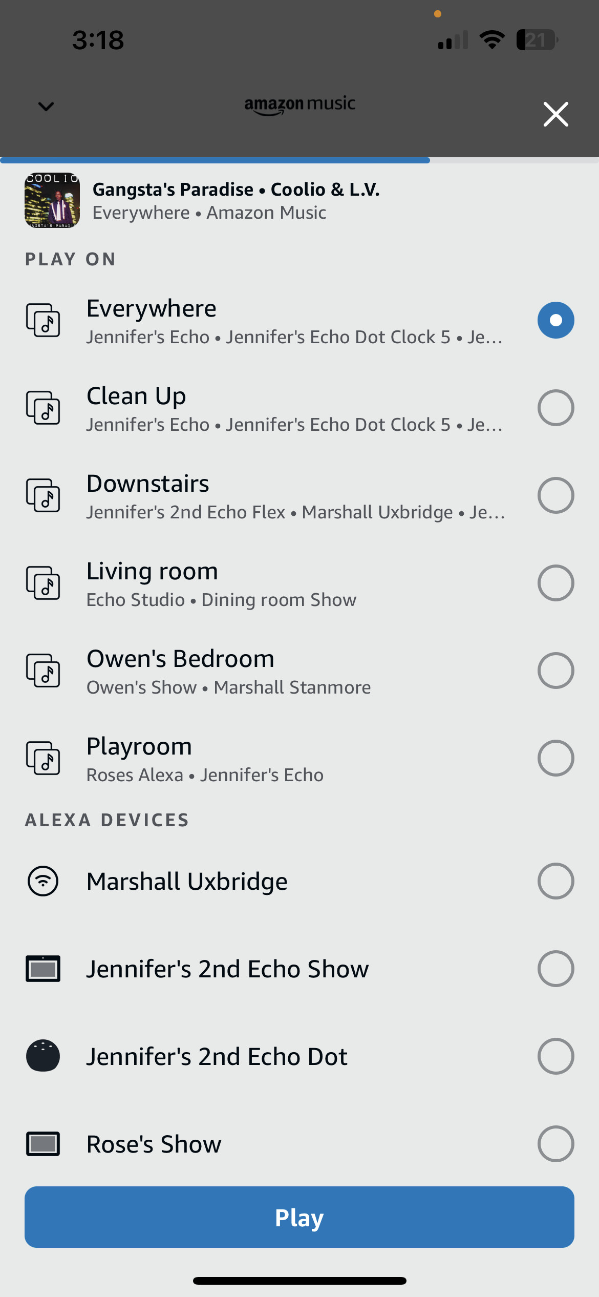 Choose a new speaker or group from the list to transfer the audio playback.