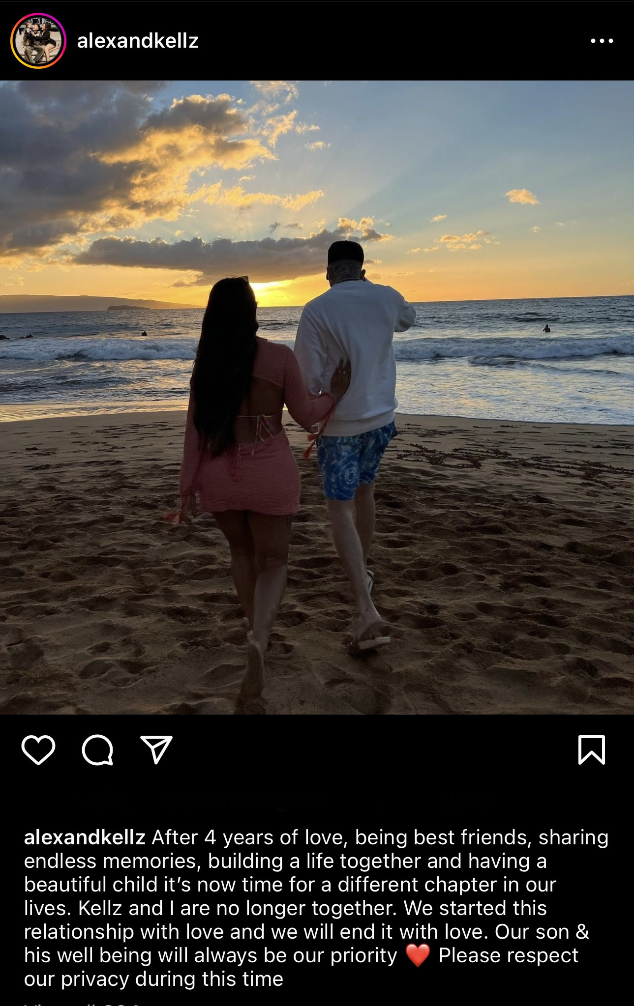 Alex and Kellz announcement of their breakup on Instagram