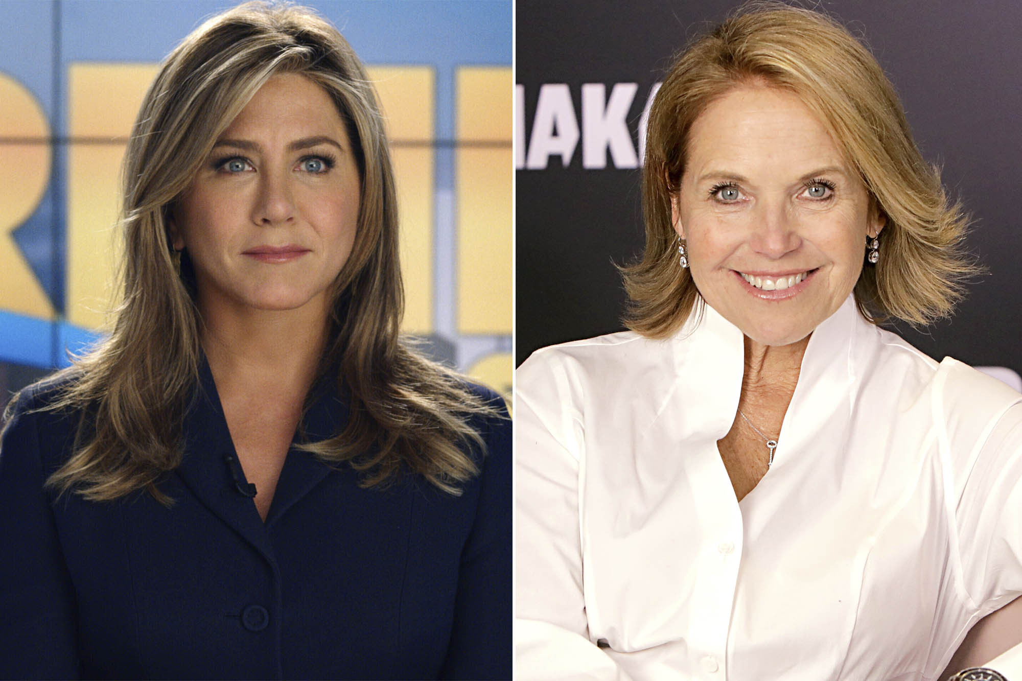 Comparison of Jennifer Aniston as Alex Levy in 'The Morning Show' and Katie Couric, highlighting the rumored inspiration for the character.