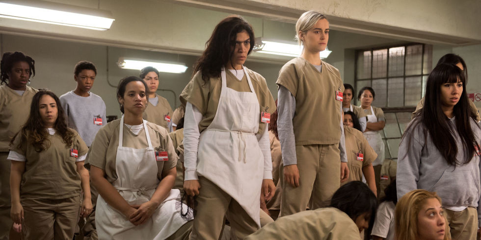 A wide shot of the prison yard in Orange Is the New Black, depicting the setting where much of the season's intense drama unfolds.