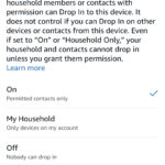 Drop In settings page in Alexa app showing 'On', 'My Household', and 'Off' options