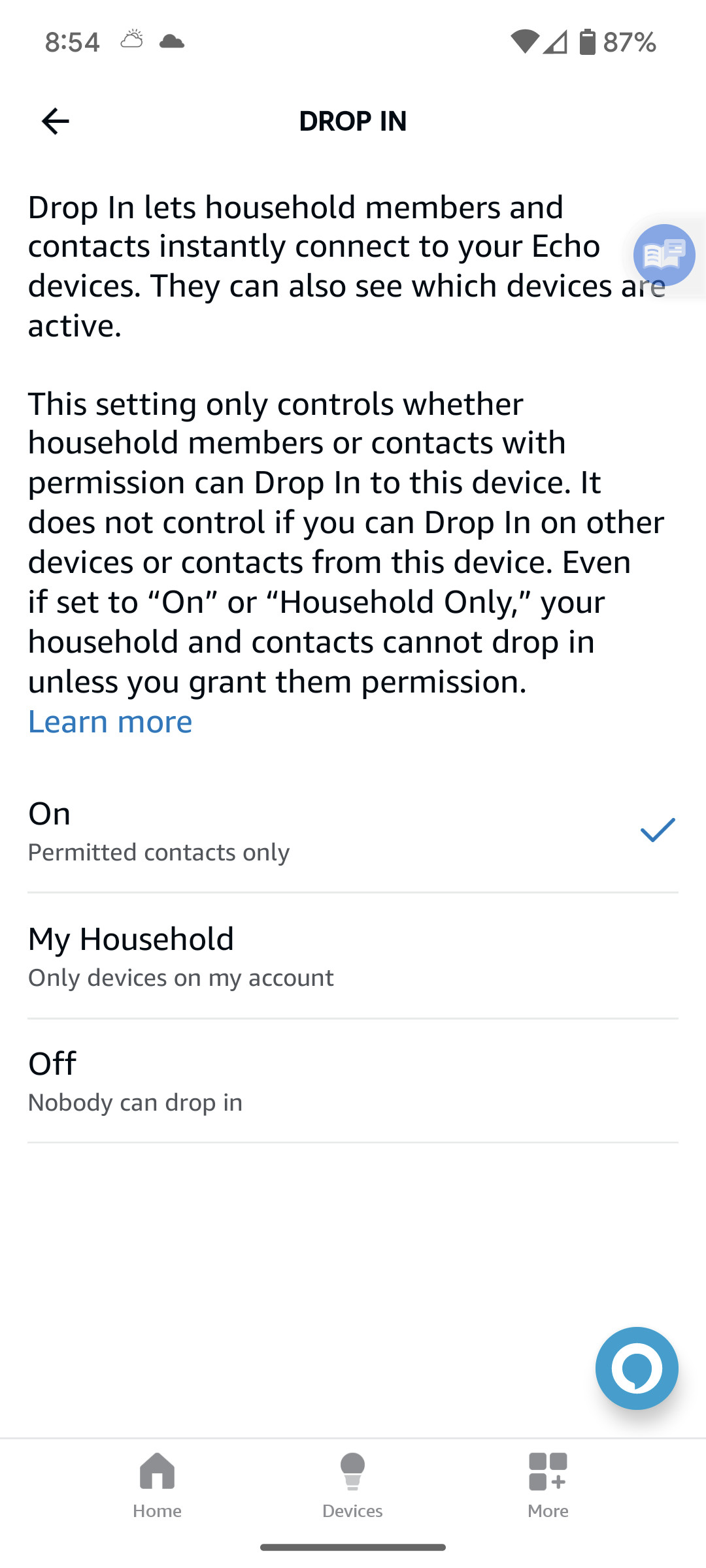 Drop In settings page in Alexa app showing 'On', 'My Household', and 'Off' options