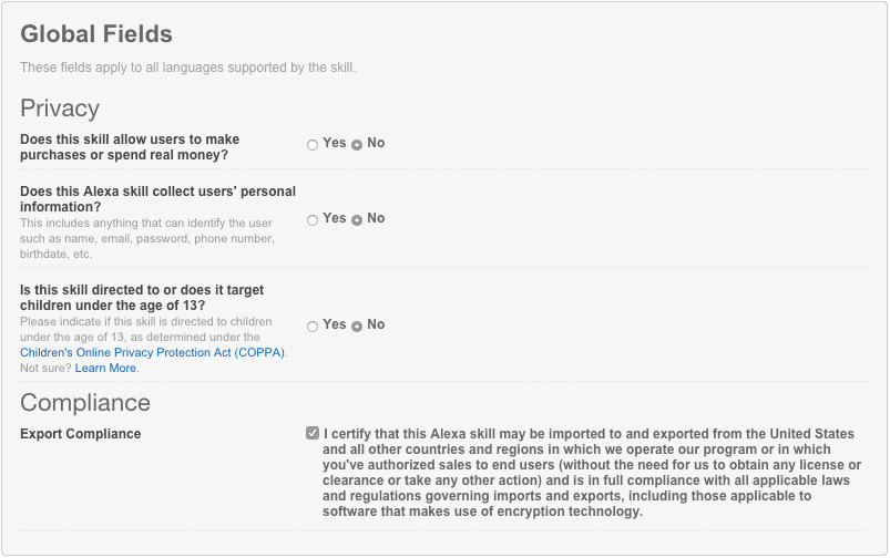 Skill Certification Privacy Questions in Alexa Developer Console