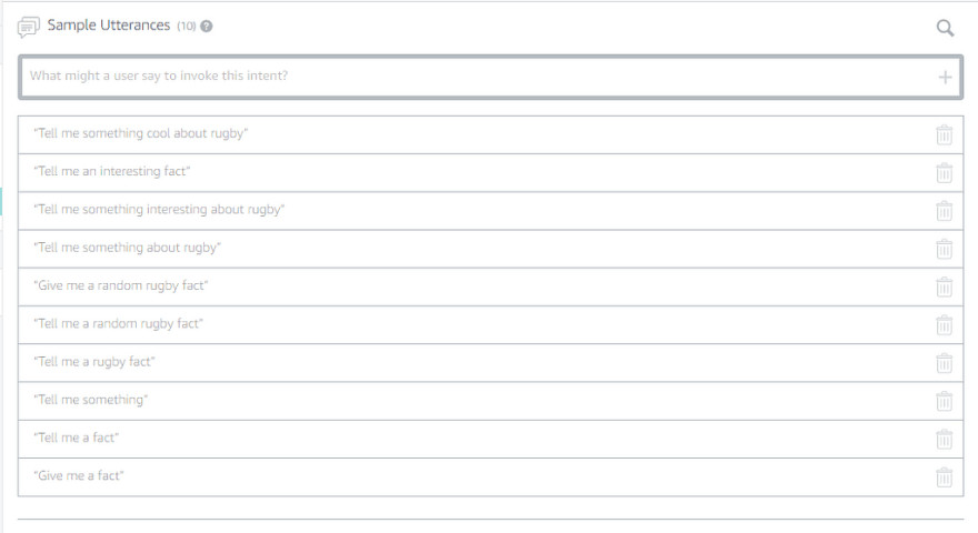 Example Utterances in Alexa Skill Builder