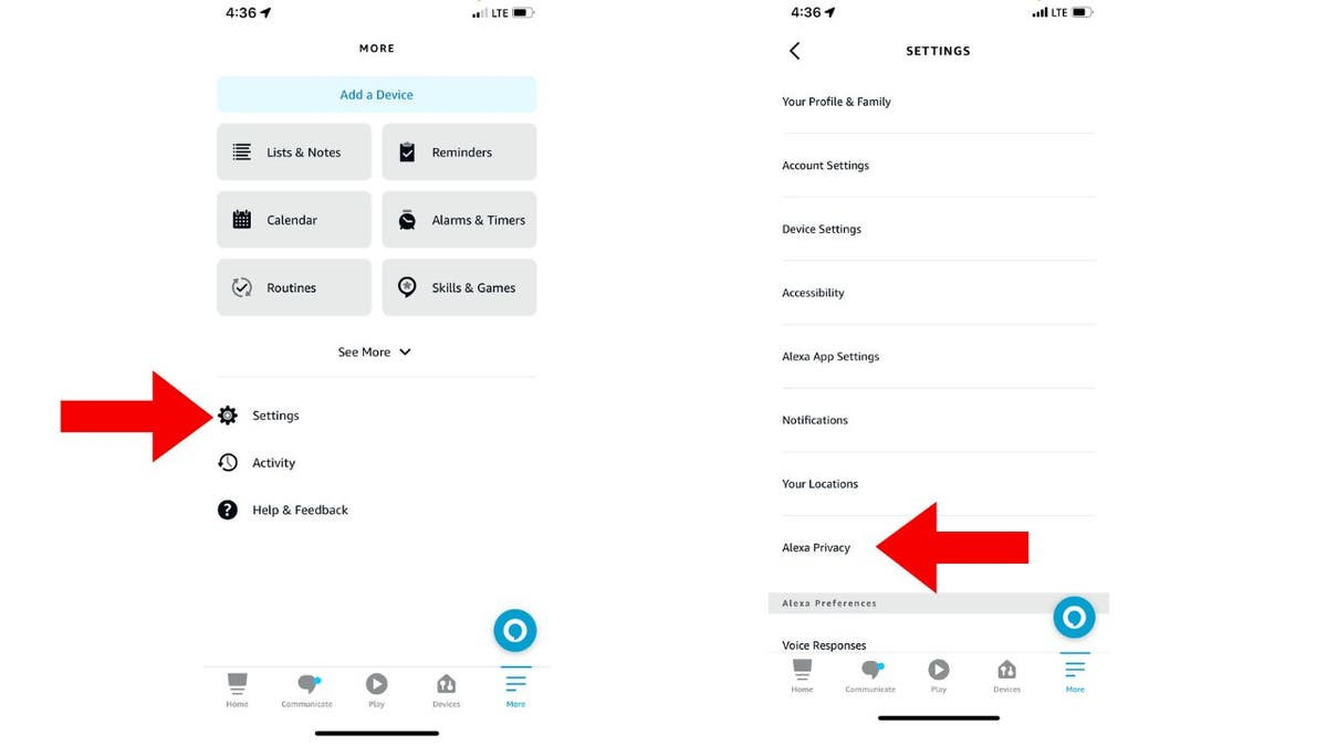 Accessing Alexa Privacy settings in the app.