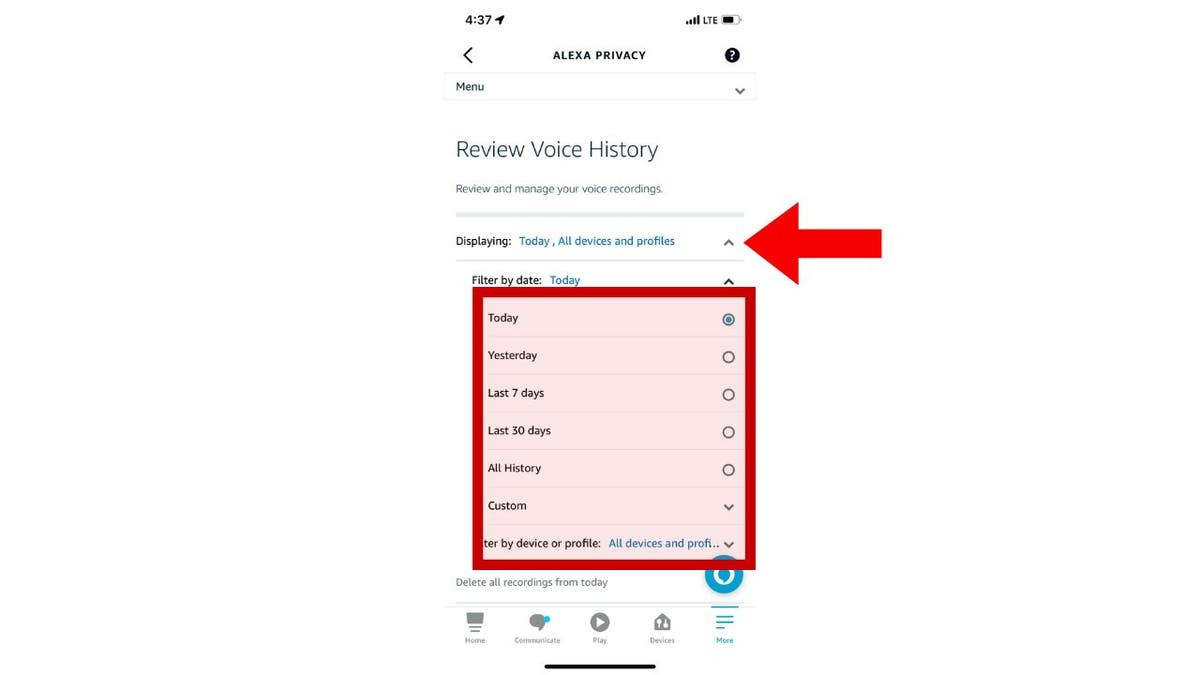 Filtering your Alexa voice history by date and device.