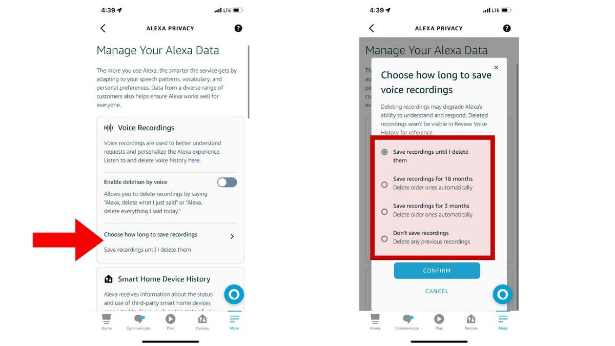 Choosing automatic deletion settings for your Alexa recordings.